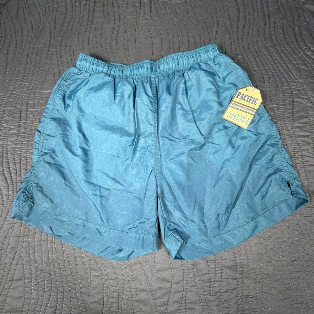 Vtg. Pacific Scene Men's Nylon Swim Trunks Shorts Teal Blue Mesh Lined NOS Sz. M